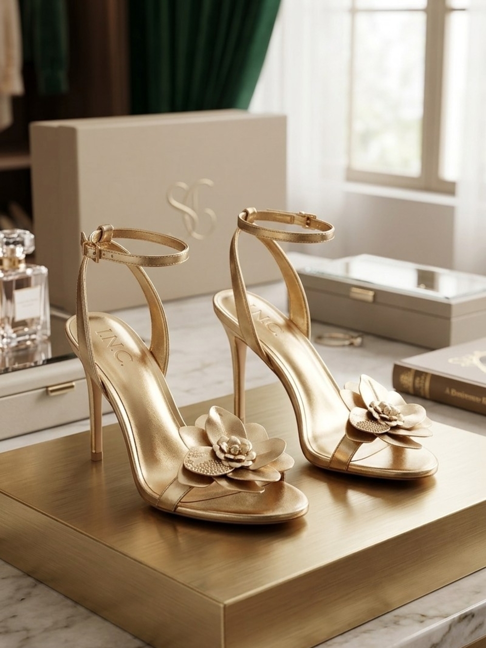 INC International Concepts Gold Floral Ankle-Strap Stiletto Sandals